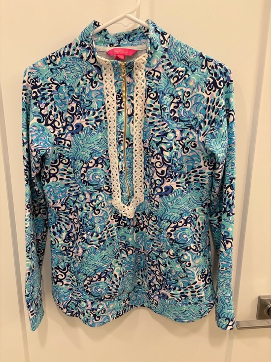 Lilly Pulitzer Tops - Lilly Pulitzer Janie Popover Light Aqua Spritz Seahorse Half Zip Sweatshirt XS